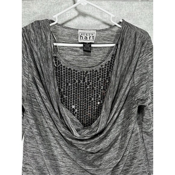 Keren Hart Gray w/ sequins Cowl Neck 3/4 Sleeves Women’s Size Medium Blouse - Picture 1 of 7